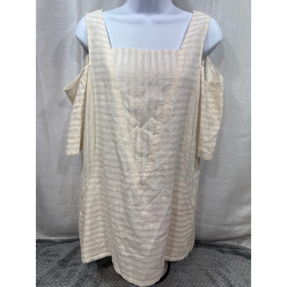 For Cynthia Womens Linen Cotton Cold Shoulder Striped Tunic Top‎ Cream Tan L NEW